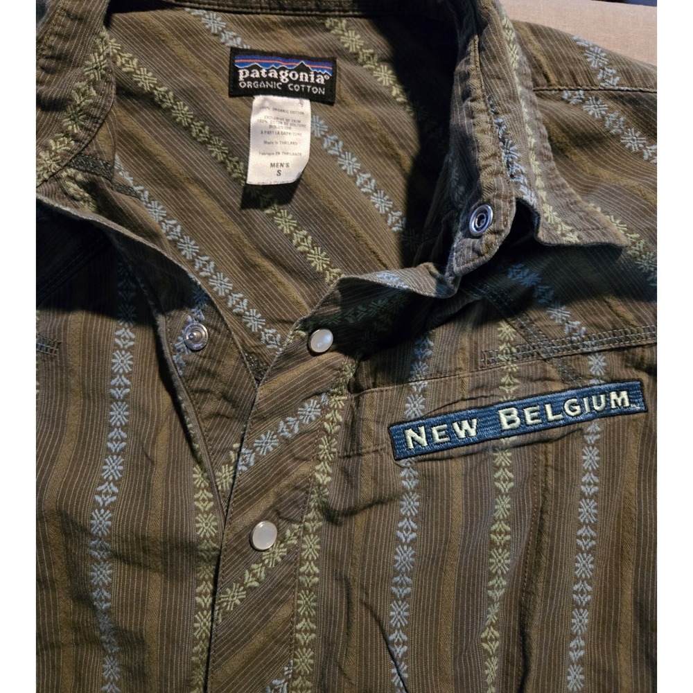 Patagonia New Belgium Organic Cotton Snap Button Shirt Mens S Green Blue Striped - Picture 10 of 10